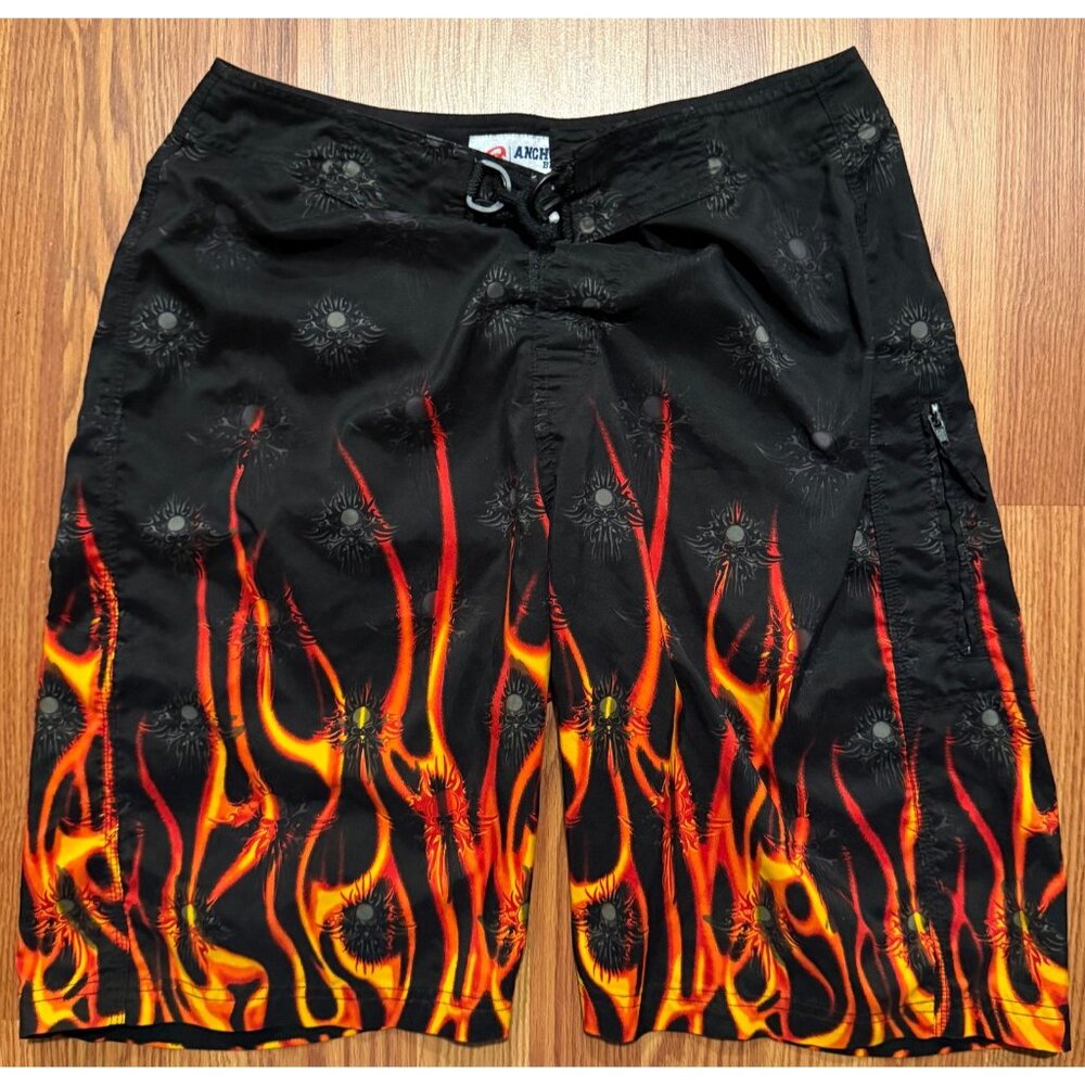 anchor blue Black Board Shorts with Red & Orange Flame Print